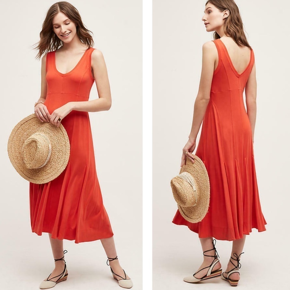 Anthropologie Maeve Abroad Dress Tumpet Hem V Neck Sleeveless Red/Orange SZ XS